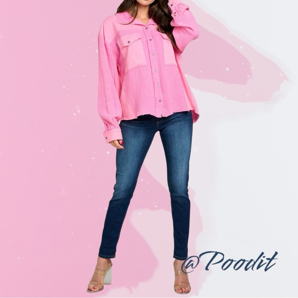 FANTASTIC FAWN oversized washed out pink button up top S M L - Picture 3 of 10